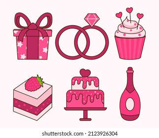 Set of wedding stickers. Collection of minimalistic badges. Rings, cake, champagne or wine and brownie. Design of banners and posters. Cartoon flat vector illustrations isolated on white background