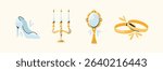 Set of wedding stickers high heel shoe, candelabra with candles, hand mirror, and gold rings. Flat vector illustration on light background. Bridal accessories and wedding ceremony concept
