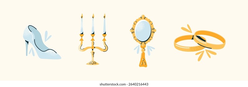 Set of wedding stickers high heel shoe, candelabra with candles, hand mirror, and gold rings. Flat vector illustration on light background. Bridal accessories and wedding ceremony concept