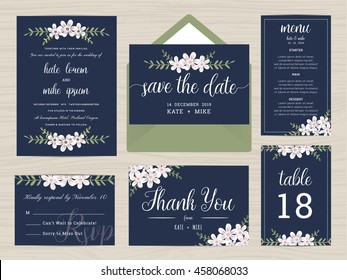 Set of wedding suite template decorate with flower in navy blue color. Includes save the date, wedding invitation, wedding menu, RSVP, thank you card and table number. Vector illustration.