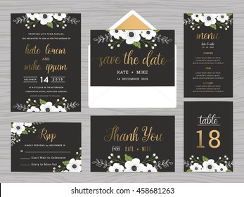 Set of wedding suite template decorate with white flowers. Includes save the date, wedding invitation, wedding menu, RSVP, thank you card and table number. Vector illustration.