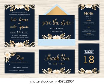 Set of wedding suite template decorate with wreath flowers. Includes save the date, wedding invitation, wedding menu, RSVP, thank you card and table number. Vector illustration.