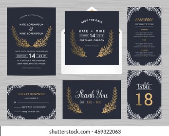 Set of wedding suite template decorate with flowers. Includes save the date, wedding invitation, wedding menu, RSVP, thank you card and table number. Vector illustration.