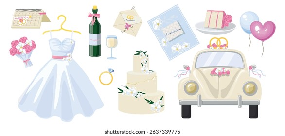Set of wedding symbols in cartoon style. Vector illustration: wedding dress, bouquet, calendar with date, ring, cake, car, invitation, envelope, balloons, champagne isolated on white background.