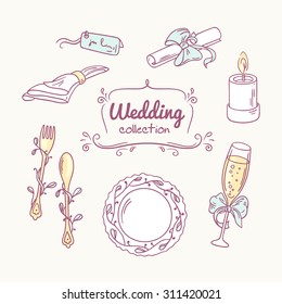 Set of wedding table decoration in doodle style. Hand drawn celebration clip art