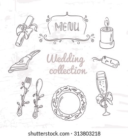 Set of wedding table decoration in outline style. Hand drawn celebration clip art. Monochrome vector illustration
