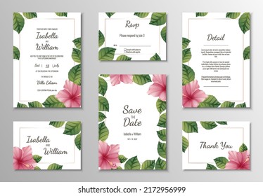 Conjunto de plantillas de boda, carteles, invitaciones para las vacaciones.Bonita decoración de postal con hibisco rosa