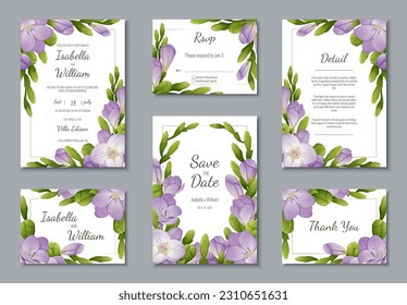 Conjunto de plantillas de boda, banners, invitaciones para las vacaciones.Bonita decoración de postal con frisia violeta