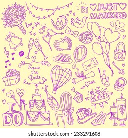 Set wedding theme doodles  simple hand drawn sketch style vector illustrations isolated background