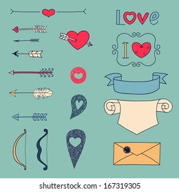 Set Wedding and Valentine's Day design elements in color. Vector illustration.