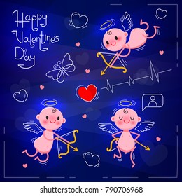 Set Wedding and Valentines Day design elements. Little cute cupids on dark neon background. Vector illustration.