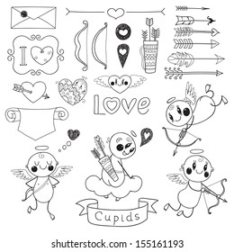 Set Wedding and Valentine's Day doodles. Vector illustration.