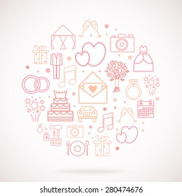 Set of wedding vector icons, groupped in circle. Wedding dress, suit, car, engagement ring, bride's bouquet, etc. Good for wedding invitation's background, girf's package, wrapping paper.