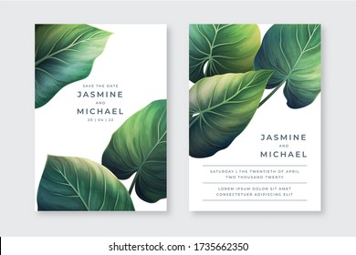 Set of wedding vector invitation postcards with palm leaves. Exotic botanical background design for banner, flyer, web, card, poster. Summer tropical flower backdrop