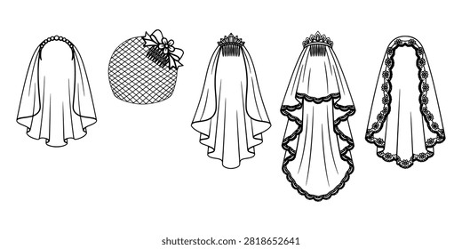 Set of wedding veils with different styles and accessories