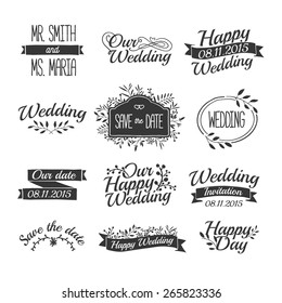 Set of wedding vintage retro logos, signs, labels, stickers. Typographical background with floral ornaments, ribbons, frames. Vector.