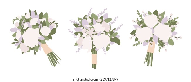 Set of wedding white bouquets with flowers rose, peony, eucalyptus, green leaves. Cartoon bouquet with ribbon for holidays. Boho bridal wedding arrangements. Hand drawn flat Vector illustration