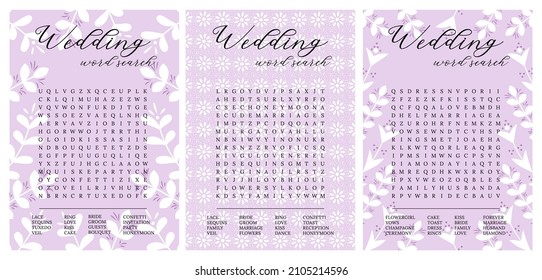 Set Wedding Word Search Puzzle On A Lilac Background.Bridal Shower Crossword, Trivia, Activity Card. Engagement, Bachelorette Party Printable.  Find Hidden Words About Love And Marriage. Provence. 