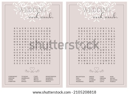Set wedding word search puzzle. Bridal shower crossword, trivia, activity card. Engagement, bachelorette party printable.  Find 16 hidden words about love and marriage. Vector illustration of lace. 
