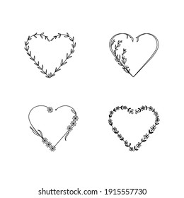 Set Wedding wreath in the shape of a heart of flowers and leaves. Valentines Day, Mother's Day, Birthday. Place for text. Vector illustration on isolated white background