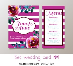 A set for weddings and bachelorette party invitation, thank you cards, rsvp in classic vintage style. Roses, watercolor.