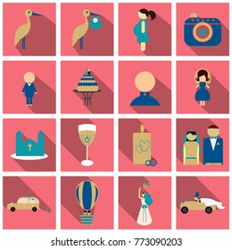 Set of weddings icons in flat style with shadow