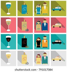 Set of weddings icons in flat style with shadow