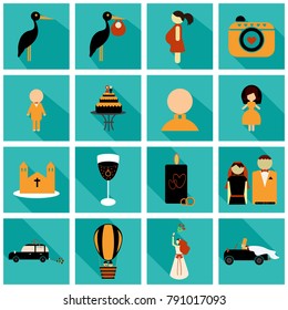 Set of weddings icons in flat style with shadow