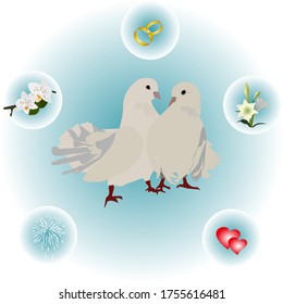 Set of wedding-themed illustrations with white cooing doves, soaring dove wedding rings, orchids, lilies, hearts and fireworks