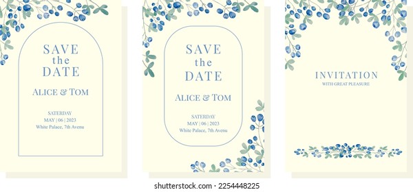 Set of weding card template with watercolor blueberry. Vector EPS10