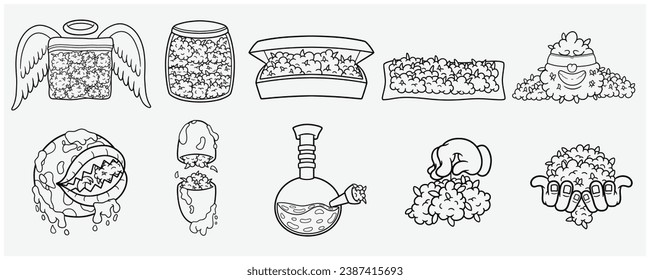 Set of Weedbud With Line Only. Weed Design For Logo, Label, Shop, Store and Packaging Product. Vectors Illustrations.