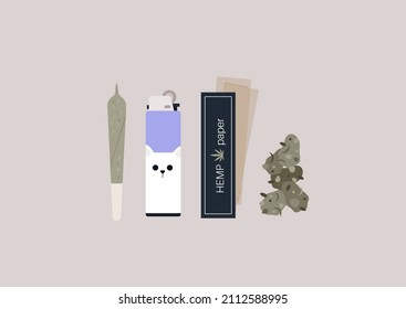 A set of weed-smoking items: a rolled joint, a lighter, a box of hemp rolling paper, and a cannabis bud