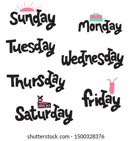 Set of week days lettering. Hand drawn modern calligraphy  style. Black on white background. Vector ink. Days of week collection. Сlip art.