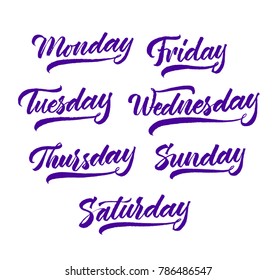 Set of week days lettering. Hand drawn Calligraphy brush pen style. Ultraviolet. 