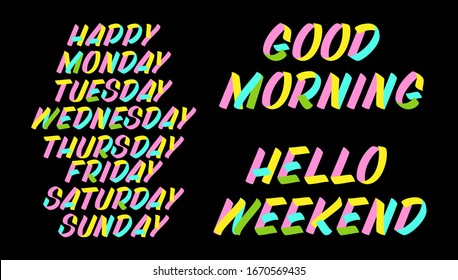 Juego de letras de pintura con signo de pincel de los días de la semana. Feliz lunes, martes, miércoles, jueves, viernes, sábado, domingo , Buenos días, fin de semana de Adiós sobre fondo blanco