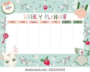 set of weeklies with children's clothes. Children's class schedule. Notes and to-do list. Commemorative pages with baby bodysuits, bibs, rattles and flowers. Summer. Schedule design. Organizer sheets