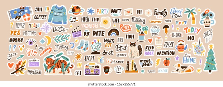 Set of weekly or daily planner and diaries vector flat illustration. Cute sticker template decorated with cartoon image and trendy lettering. Signs, symbols, objects for scheduler or organizer