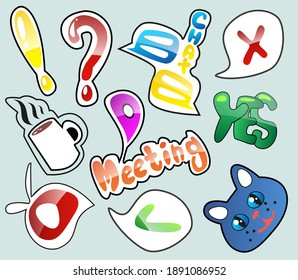 Set of weekly or daily planner and diaries vector flat illustration in graffiti style. Cute sticker template decorated with cartoon image and trendy lettering. Signs, symbols, objects for planner or o