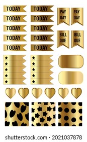 Set of weekly or daily planner and diaries vector flat illustration. Elegant sticker template in gold and black colors. Signs, symbols, objects for schedule or organize