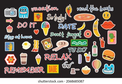 Set of weekly or daily planner and diaries vector flat illustration. Cute sticker template decorated with cartoon image and trendy lettering.