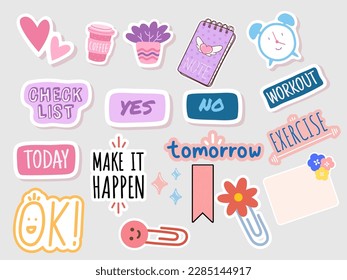 Set of weekly or daily planner and diaries vector. Cute sticker template decorated with images and trendy lettering. Signs, symbols, objects for scheduler or organizer.