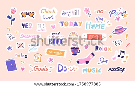 Set of weekly or daily planner and diaries vector flat illustration. Cute sticker template decorated with cartoon image and trendy lettering. Trendy scheduler or organizer. Flat vector