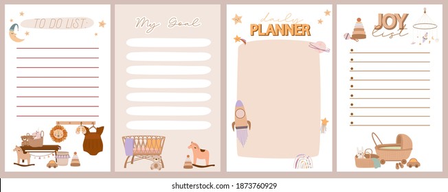 Set of weekly and daily planner, joy list, to do list with cute boho baby doodle in Scandinavian style. Editable vector illustration.