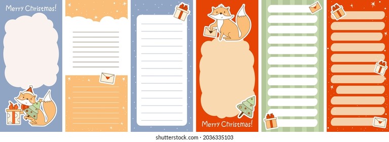 Set of weekly or daily planner, note paper, to do list, Merry Christmas stickers templates decorated by winter cute fox With gifts and Christmas tree On bright background. Vector illustration Vertical