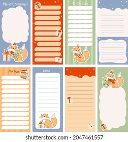 Set of weekly or daily planner, note paper, to do list, Merry Christmas stickers templates decorated by cute fox With gifts and Christmas tree. Vector illustration. Vertical with winter backgrounds