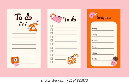 Set of weekly or daily planner, note paper, to do list, stickers templates decorated by cute love illustrations. School scheduler and organizer. Flat vector