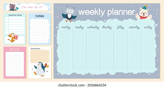 Conjunto de calendario secundario de plantillas de diseño de páginas de planificación semanal y diaria. Pequeño personaje de ratón dibujado a mano. Piso plano, organizador se burla. De vuelta al diseño escolar. Ilustración vectorial.