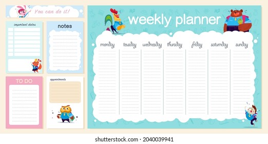 Set of weekly and daily planner page design template for children calendar. Cute hand drawn school animal character. School doodle icons collection. Vector flat illustration.