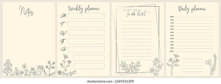 Set of weekly, daily planner pages, notes and to do list templates decorated by hand drawn wild flowers and leaves, plant sketches. Modern scheduler or organizer. Vector monochrome illustrations.