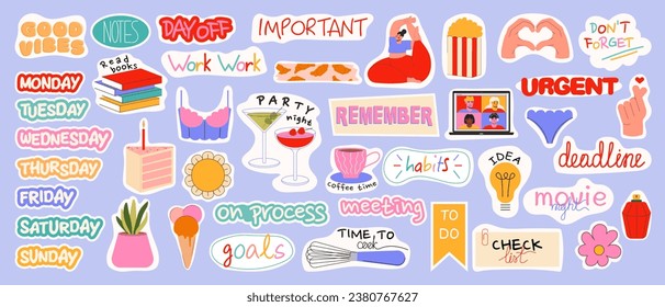 Set of weekly or daily planner stickers vector flat illustration. Stickers with letters, quotes, characters and daily elements for notebook. Design elements for diaries .